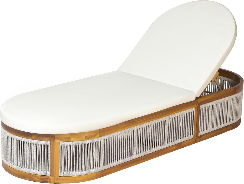 Teak Finish Acacia Wood Chaise Lounge with Cream Cushion, 3-Position Adjustable Outdoor Patio Poolside Lounger