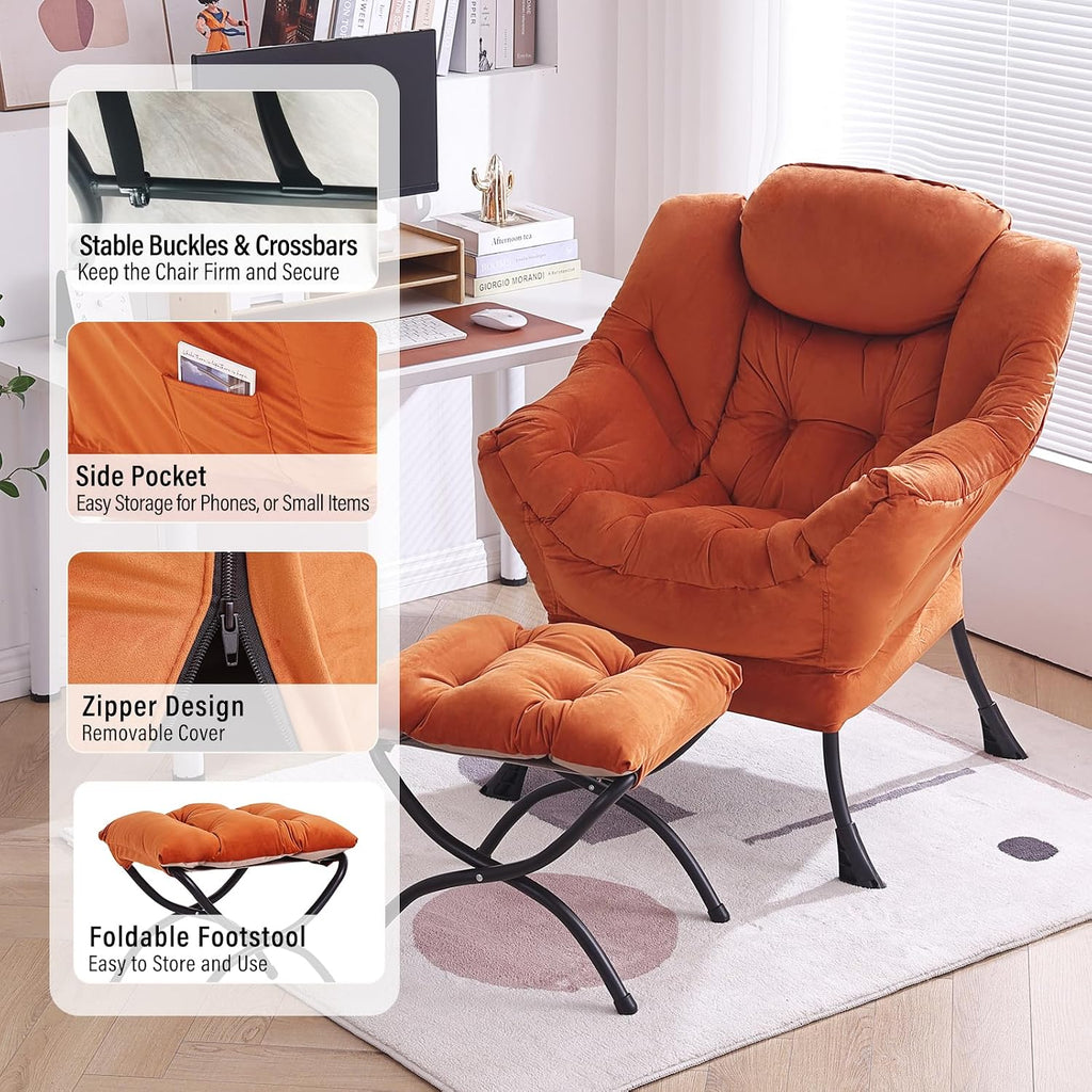 Lazy Chair with Ottoman, Modern Accent Chair with Armrests and a Side Pocket, Velvet Orange Accent Chairs, Reading