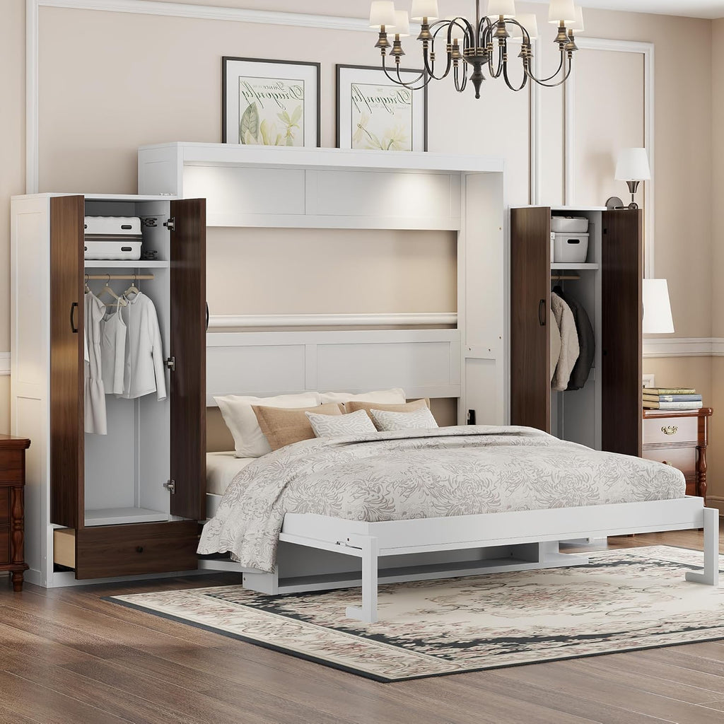 Queen Murphy Bed, Wooden Queen Wall Bed with Closet, Drawers and Desk, White