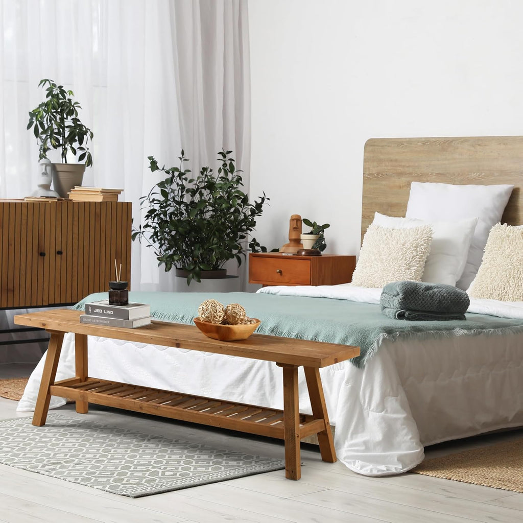 Reclaimed Solid Wood Bench-55 Inches Farmhouse Entryway Bench with Storage Shelf, Narrow Rustic Bench , Dining