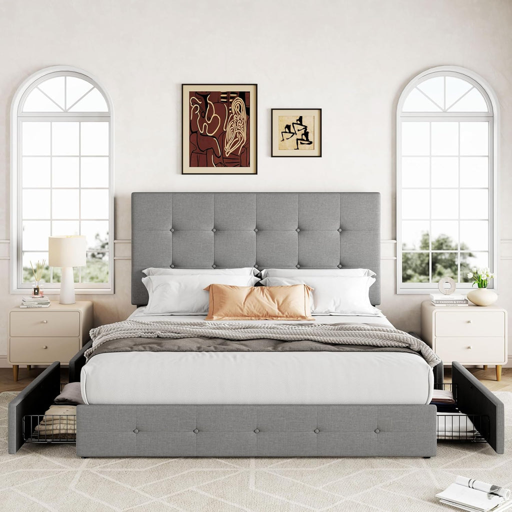 Upholstered Queen Platform Bed Frame with 4 Storage Drawers and Headboard, Square Stitched Button Tufted