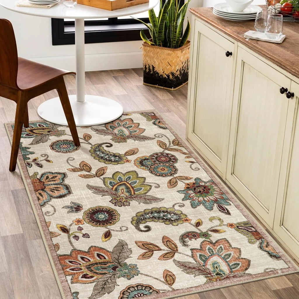 Washable Floral 3x5 Area Rug, Paisley Rug for Entryway Non Slip, Soft Vintage Accent Dorm Rug Indoor