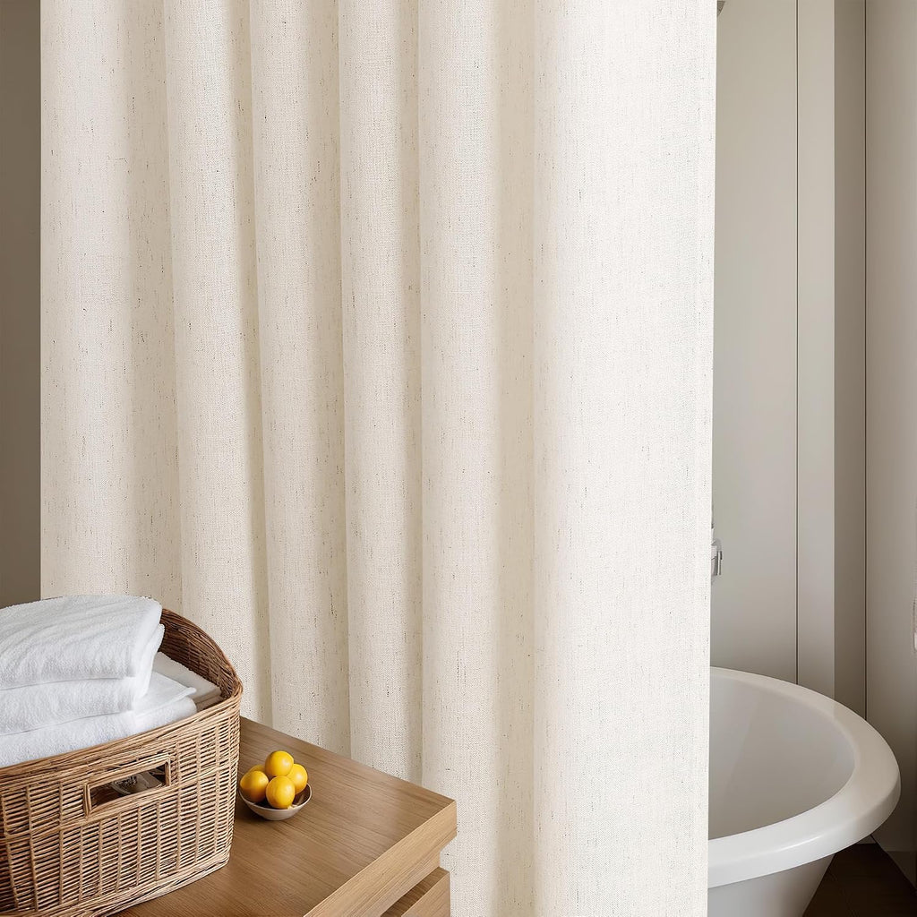 Cream Linen Shower Curtain Water Repellent 72x84 Inch | Neutral Modern Boho, Extra Long Tall, Bath Drapes 84 Inches