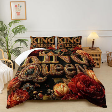 King and Queen Comforter Set Black and Gold，King and Queen Bedding Set，Red Floral Quilt Set，with 1 Comforter