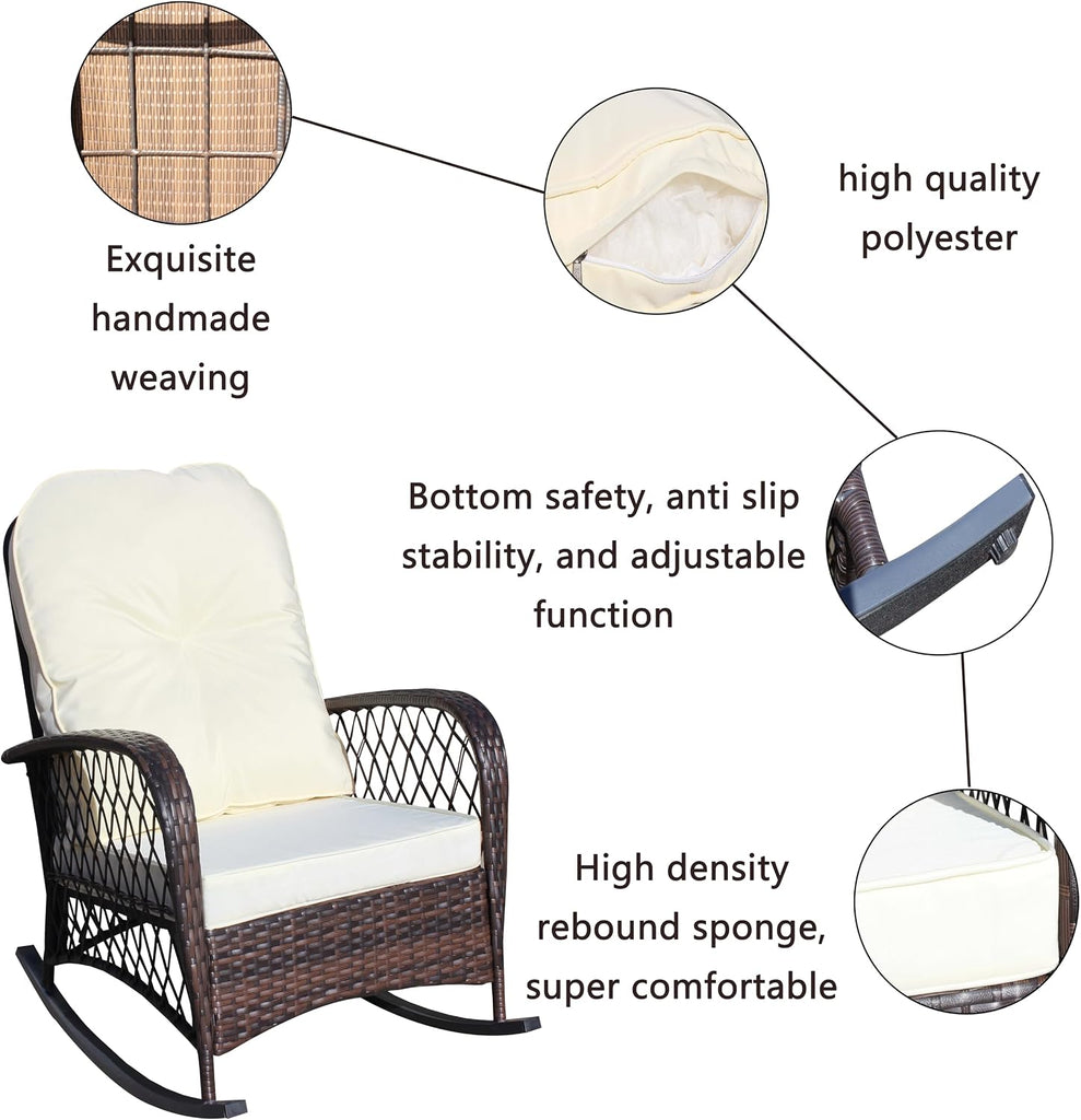 Outdoor Wicker Rocking Chair, Rattan Patio Rocker, Steel Frame | Outdoor Wicker Rocker Chair Cushioned Patio Rocker