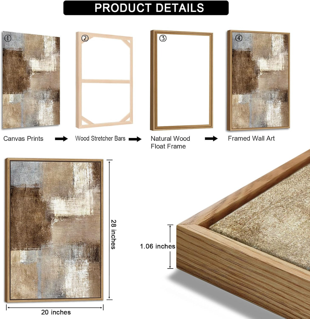 Large Abstract Framed Wall Art - Natural Float Framed Canvas Pictures Wall Art Prints Decor Rustic Artwork Brown