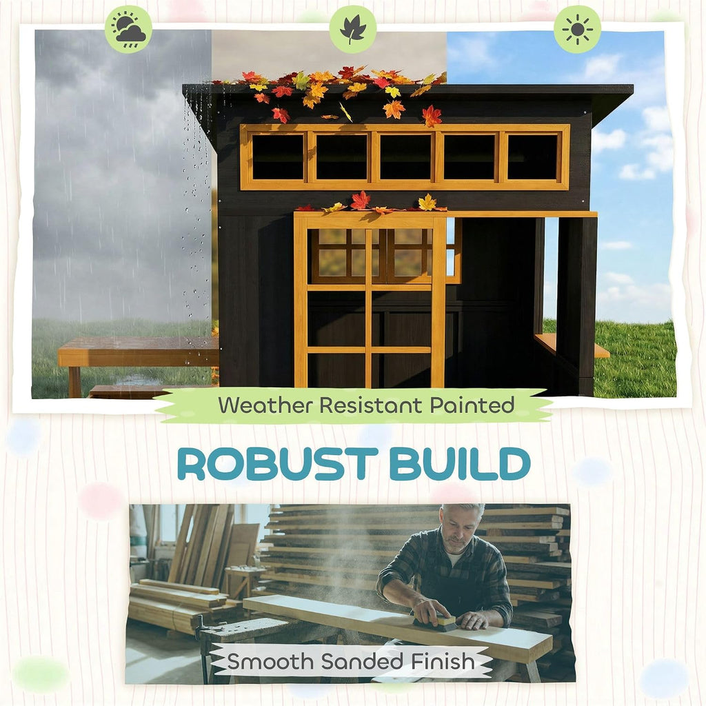 Playhouse - Solid Fir Wood, Chalkboard Panels, Attached Table & Benches, Spacious Interior, Ages 3-8, 76" L