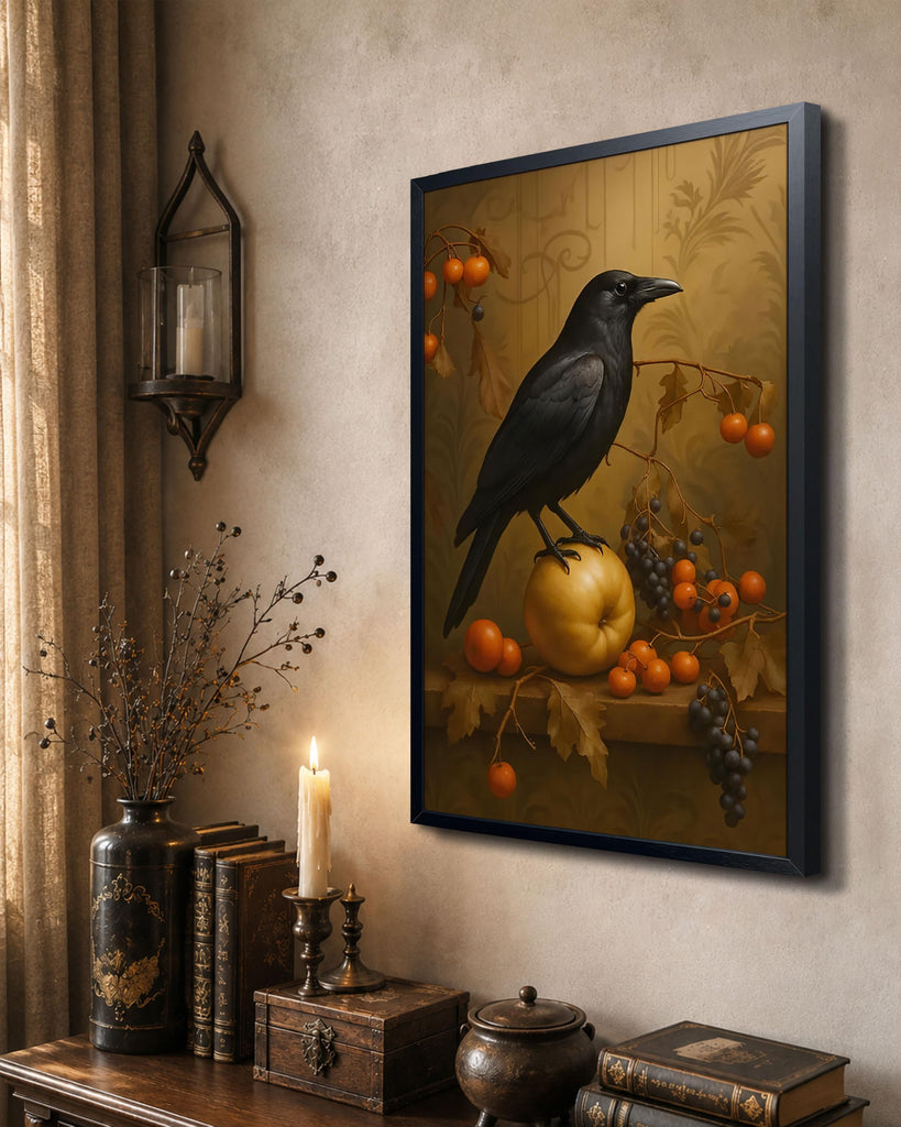 Halloween Crow Wall Art Canvas Framed Poster Painting Print Picture, Dark Academia Raven Bird Gothic Still Life
