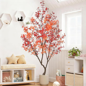 Maple Tree 9FT - Large Faux Plant Indoor with 900 Orange Red Leaves & Realistic Trunk, 108" Tall Fake Autumn Maple