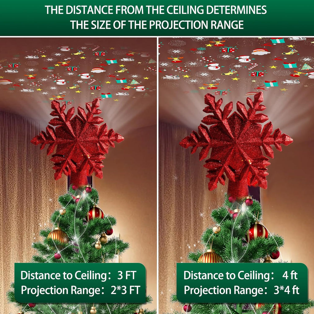 Christmas Tree Topper Lighted with 6 Projected Patterns -Snowflake Tree Topper Magic Rotating Lights -3D Glitter