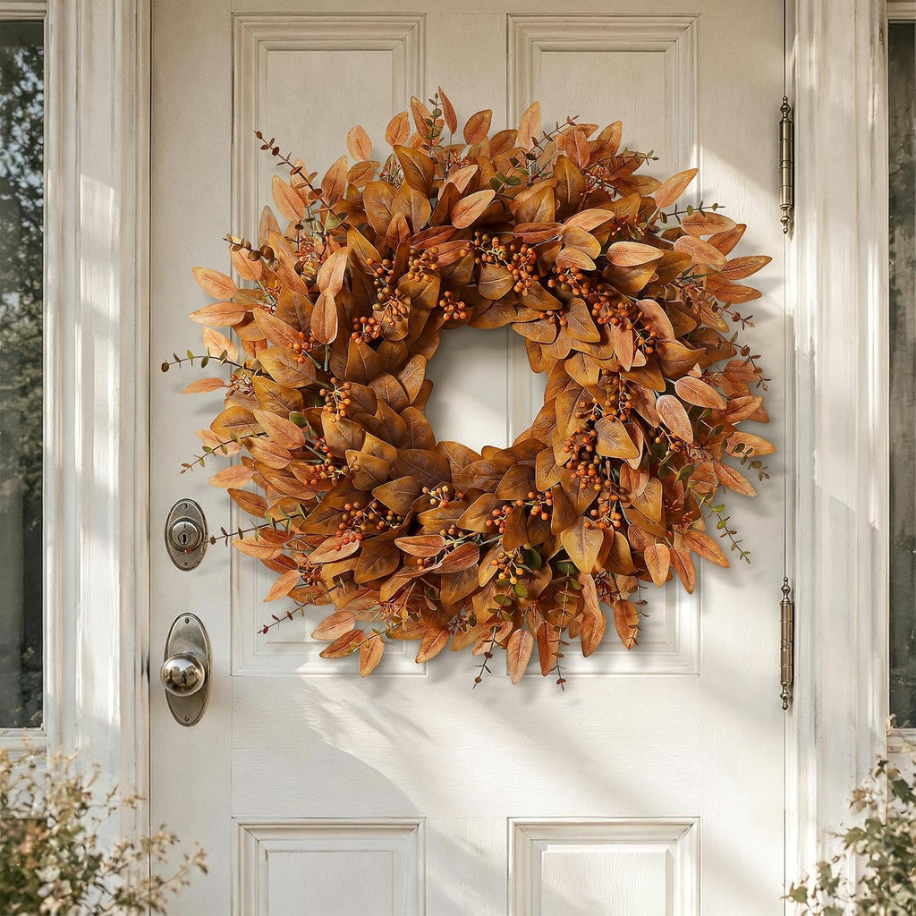 26" Fake Fall Eucalyptus Wreath with Berry for Front Door Decor(Orange)