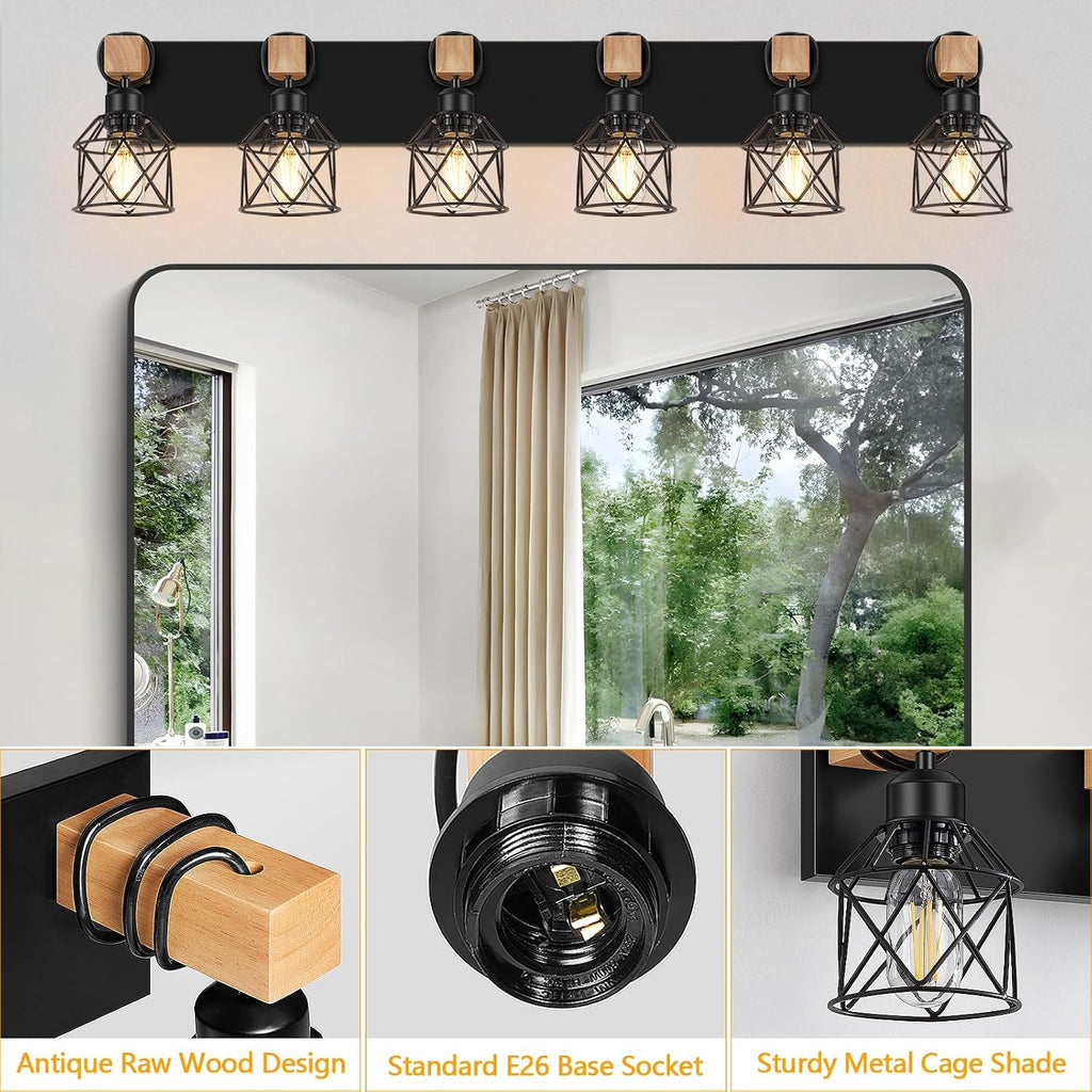 6-Light Bathroom Vanity Light, Bathroom Wall Lamps Over Mirror | Rustic Wood & Black Metal Shade, Wood Black Vanity