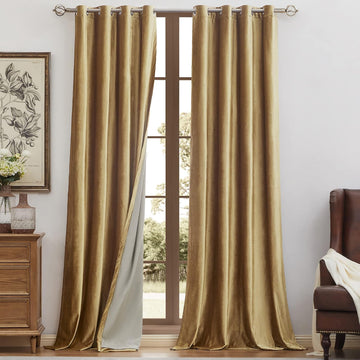 100% Blackout Velvet Window Curtains Gold, Room Darkening Curtains Heavy Thermal Insulated Grommet