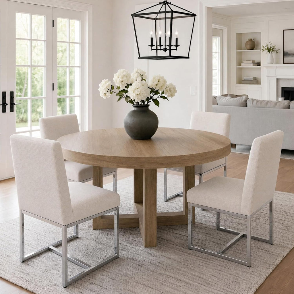 Modern Dining Chairs Set of 4, Upholstered Linen Dining Room Chairs with Ergonomic Back & Polished Silver Metal Frame