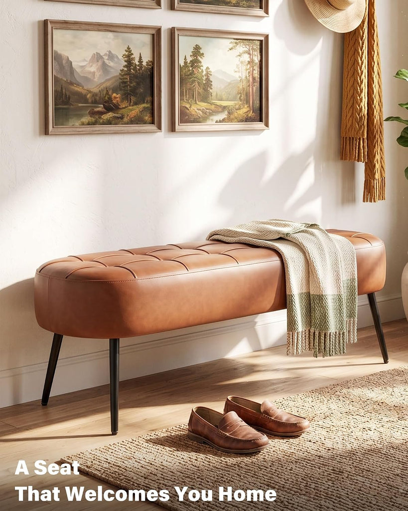 Entryway Bench, Modern PU Leather Upholstered End of Bed Bench Brown | Shoe Bench with Tufted Seat, 660 lb Capacity