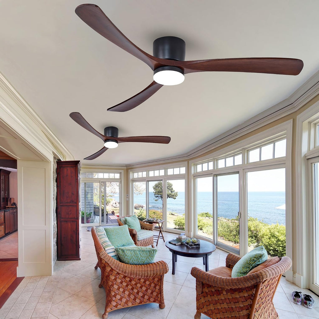 Modern 60 Inch Low Profile Flush Mount Ceiling Hugger Fan with LED Lights and Remote Control - 3 Wood Blades, Reversible DC Motor, 6 Speeds - Walnut and Matte Black