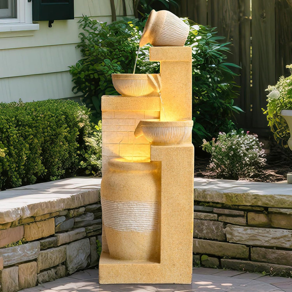 31.89" 4-Tier Outdoor Garden Water Fountain, Floor-Standing Cascading Waterfall with LED Lights