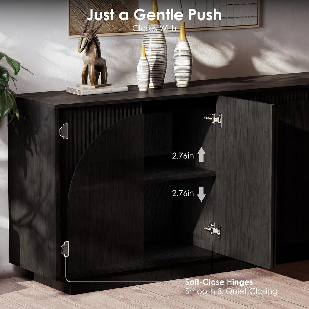 65.35" Fluted Sideboard Buffet Cabinet with Arched Doors Black | Mid Century Modern Accent Cabinet with Arched Doors