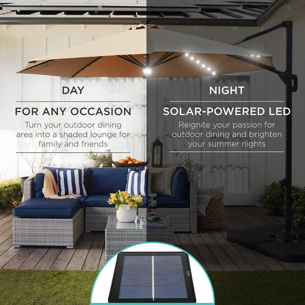 10ft Solar LED Cantilever Patio Umbrella, 360-Degree Rotation Hanging Offset Market Outdoor Sun Shade w/Lights - Tan