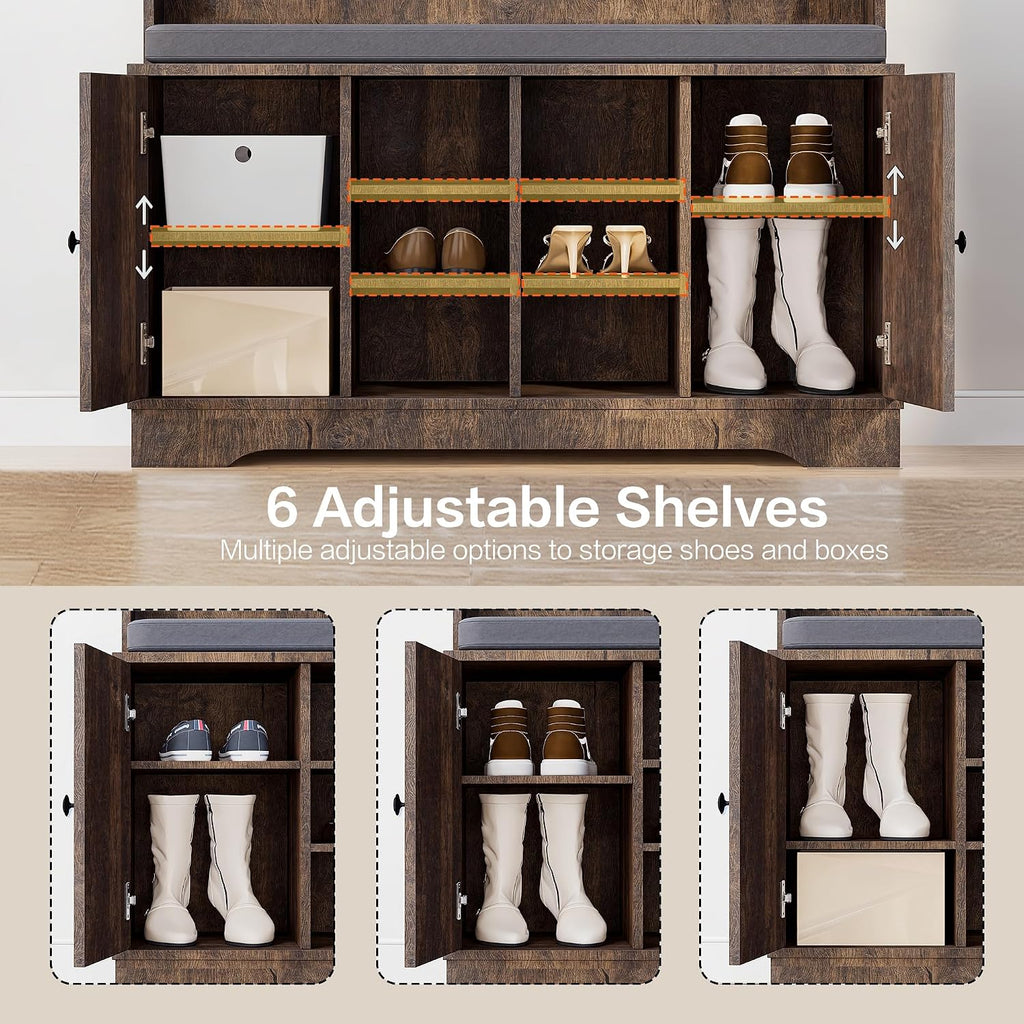 71" Hall Tree with Bench and Shoe Storage, Entryway Hall Tree with 2 Doors and 6 Adjustable Shelves, Cushioned