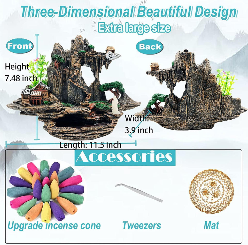 Mountain Waterfall Incense Burner,Backfall Incense Holder River, Incense Falls Meditation Decor for Room with Upgrade - Set of 100