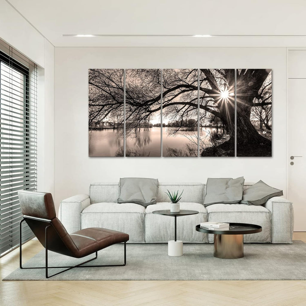 Extra Large 5 Piece Wall Art Old Tree by Lake Picture Canvas Prints Sepia Brown Sunrise Landscape Painting Art Modern