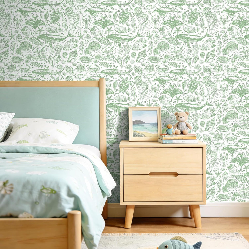 17.5x276 Coastal Peel and Stick Wallpaper Green Contact Paper Beach Nautical Ocean Renter Friendly Whale Shark Sage