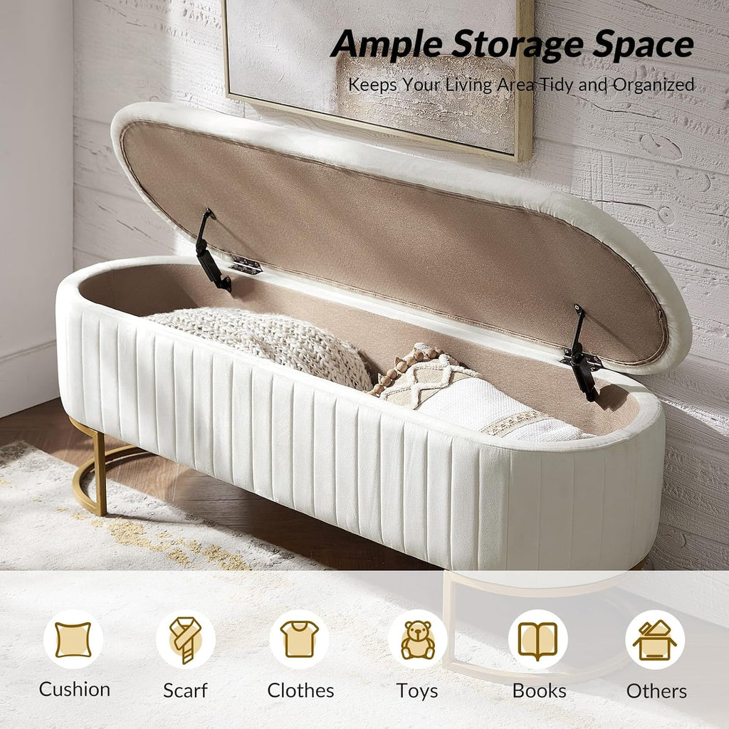 50.5" Velvet Storage Ottoman Bench with Gold-Toned Legs, Luxury Upholstered End of Bed Multi-Functional Footrest &
