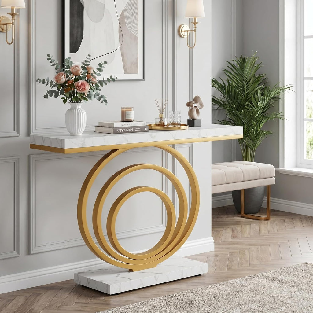 41-Inch Gold Entryway Table, Modern Console Table Narrow Long, Contemporary Accent Table , Entrance, Faux Marble