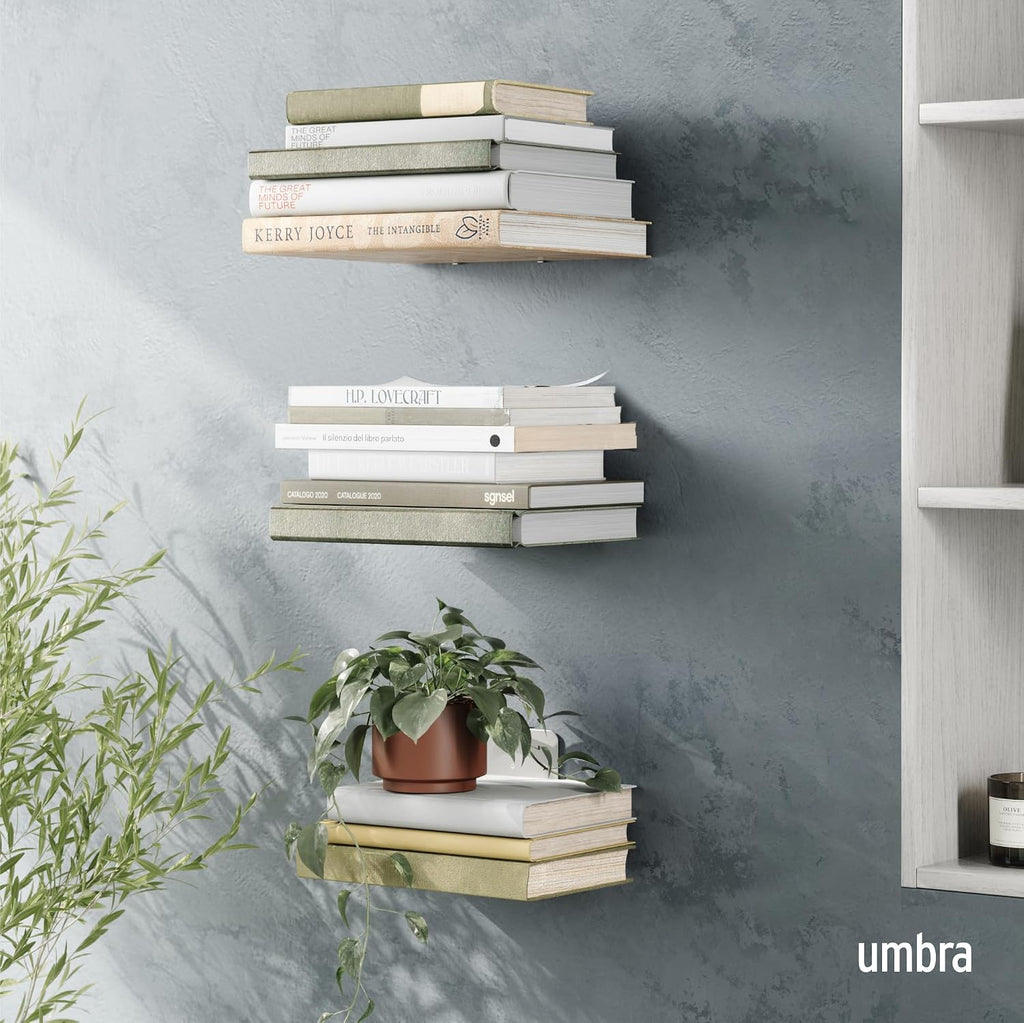 Conceal Floating Bookshelf, Metal Wall Shelf, Set of 3, Large, Silver | Powder coated steel, holds 15 lbs each
