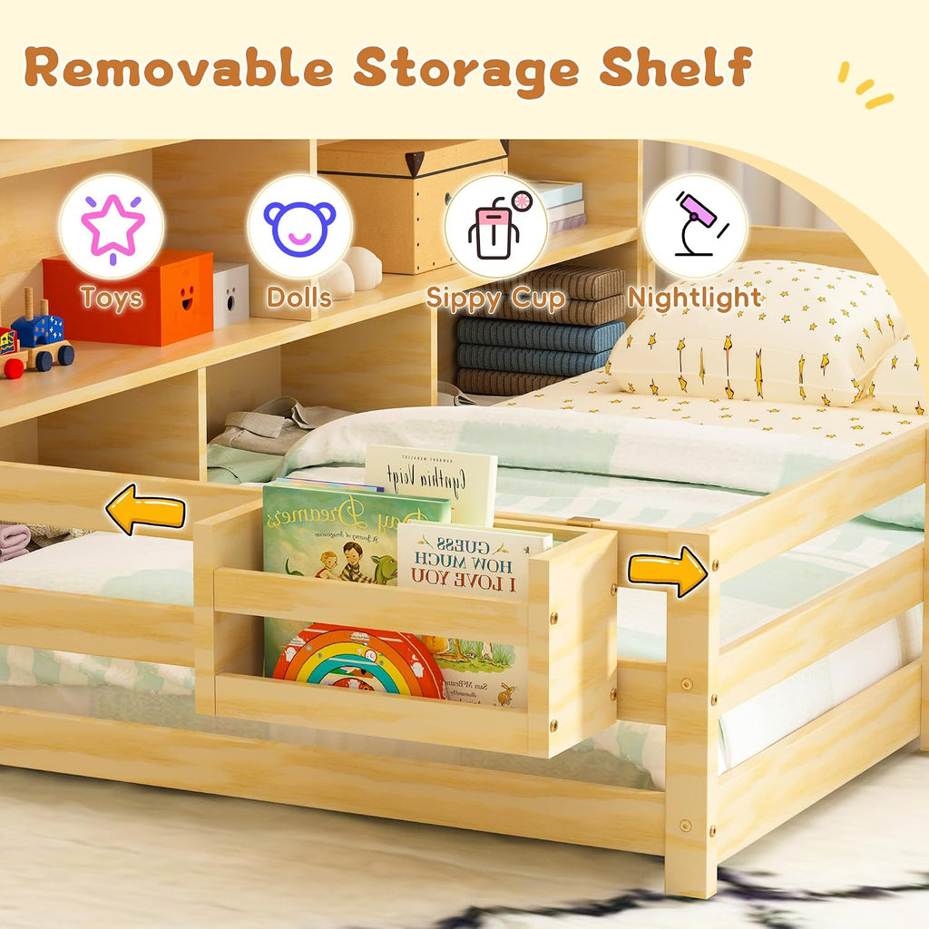 Twin Floor Bed for Kids, Wooden Montessori Bed Frame with Bookcase, Bedside Storage Shelves & Guardrails, Versatile