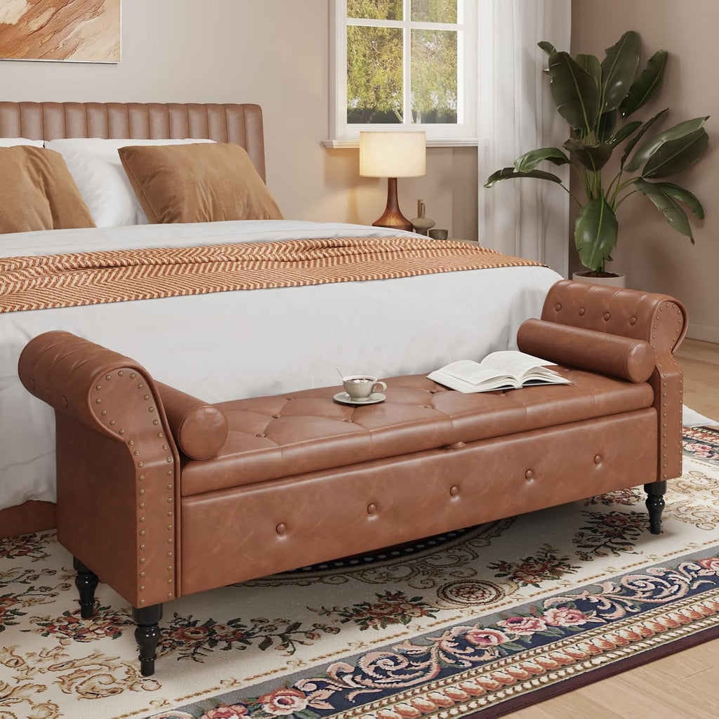 65" End of Bed Storage Bench with Rolled Arms,Storage Ottoman | Large Upholstered Shoe Benches with Nailhead