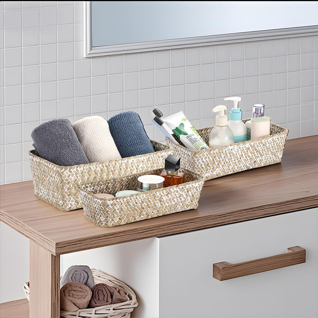 3 Natural Wicker Basket Set Rectangular Seagrass Basket, White Washed
