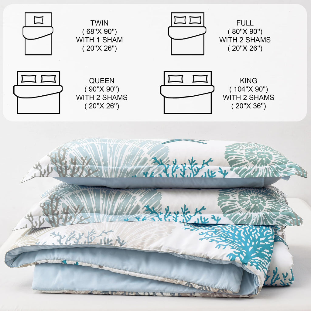 Coastal Comforter Set Queen Size 3 Piece, Soft Beach Themed Comforter, Ocean Nautical Lightweight Bedding Sets for