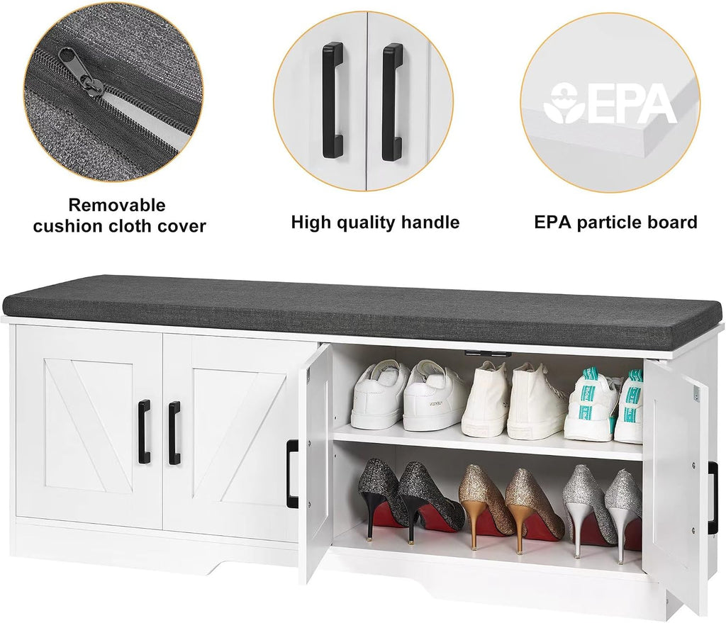 Farmhouse Shoe Storage Bench with 4 Barn Doors & Padded Seat Cushion | 47.2" Wide Entryway Bench with Adjustable
