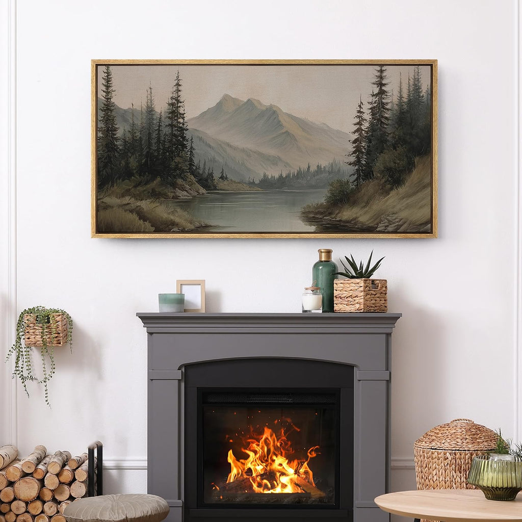 Extra Large Framed Canvas Print Wall Art Mountain Forest Landscape Misty Pine Trees and Lake Scene Illustrations