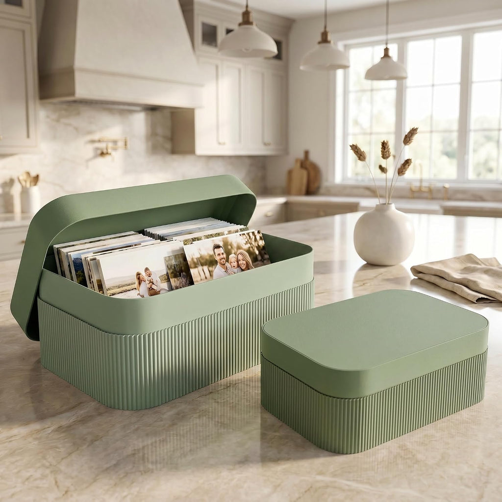 Decorative Storage Boxes with Lids - Set of 2 Beautiful Fluted Photo Organizer Bins for Your Home Bookshelf Decor to