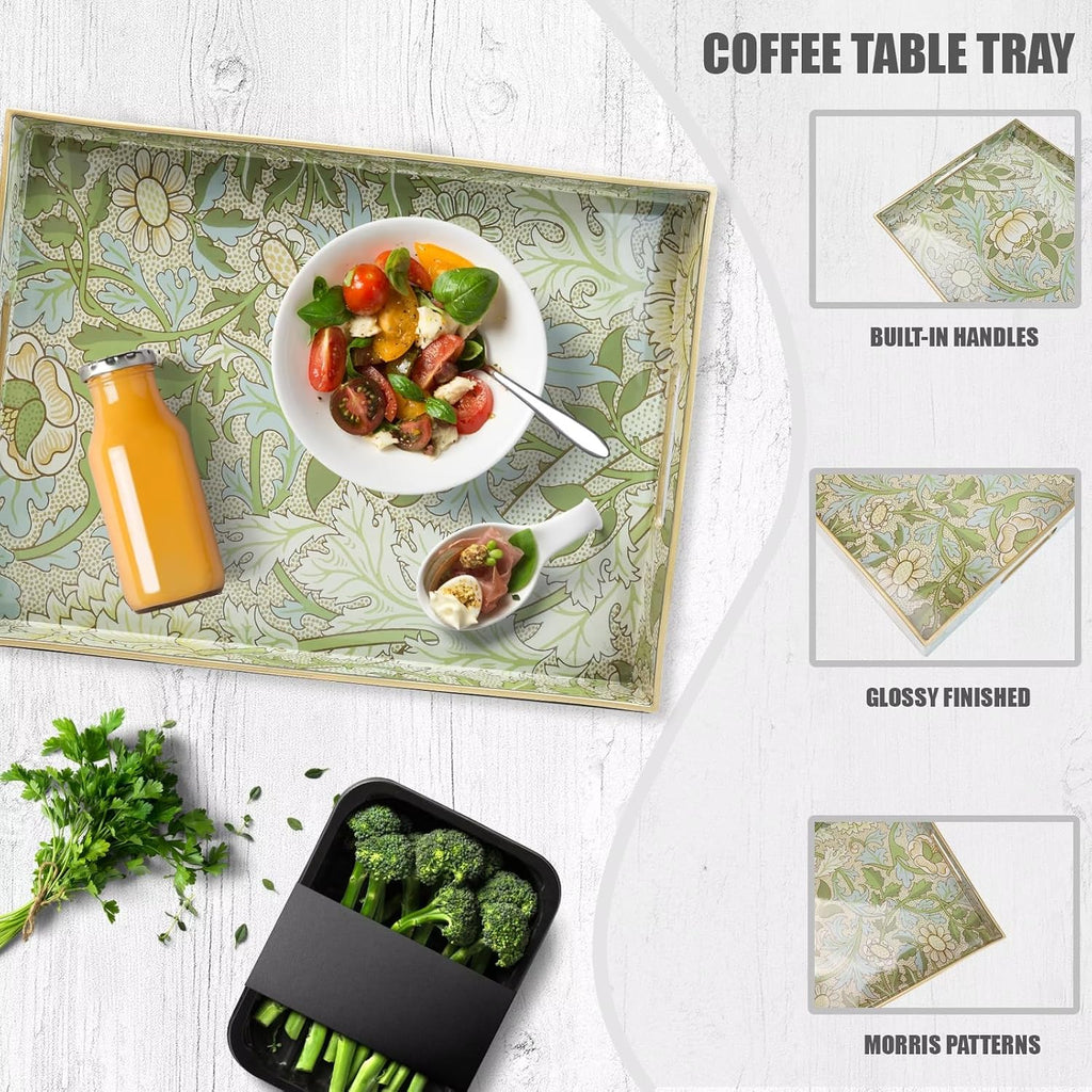 Serving Tray with Handles, Plastic Decorative Tray for Coffee Table, Living Room, Home Decor, Dianthus