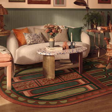 5x8 Art Deco Oval Rug - Washable Ultra-Thin Geometric Rug Rust Red Green