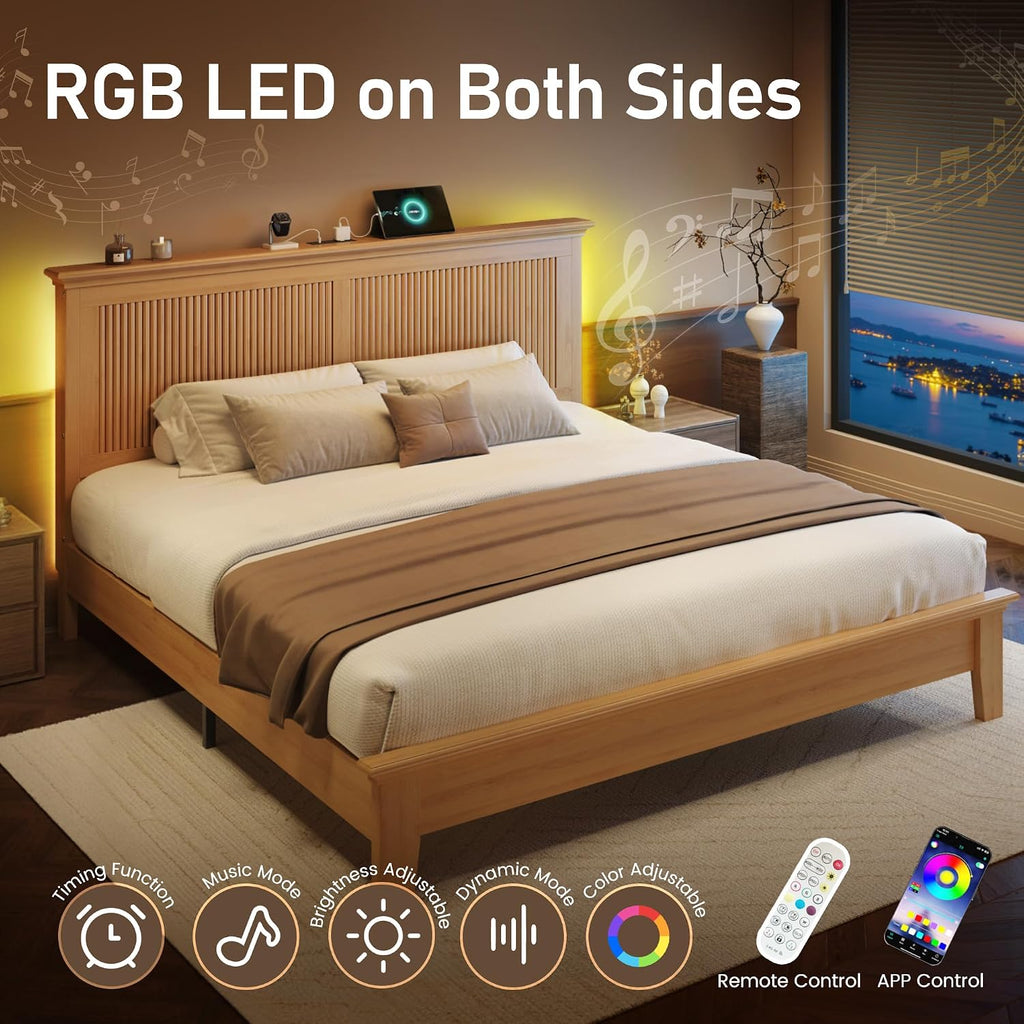 Wood Queen Bed, Solid Wood Bed with Tall Headboard, American Vintage Design, Queen Bed with Charging Station & RGB