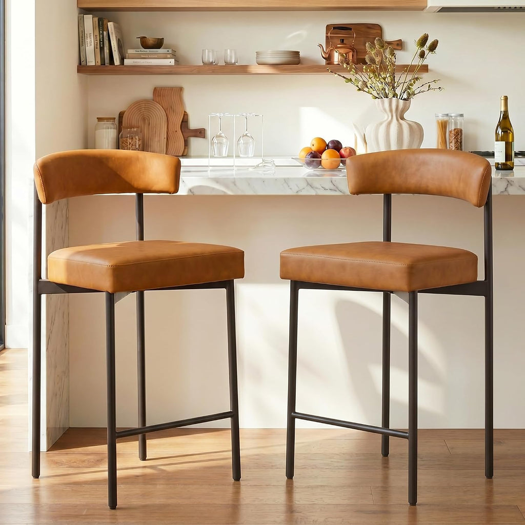 Brown Modern Bar Stools Set of 2, 24 Inch Faux Leather Counter Stools with Curved Backrest, Counter Height Bar Stool