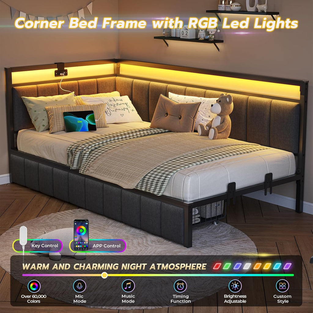 Twin Corner Bed Frame with 2 Storage Drawers and Charging Station Twin Bed Frames with Storage and Led Lights Twin