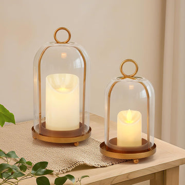Glass Hurricane Candle Holder Decorative Gold Candle Lantern, Pillar Candlestick Holders Set of 2, Hanging Metal