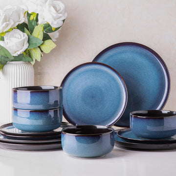 Ceramic Dinnerware Sets for 4,Porcelain Plates and Bowls Sets,Handmade Reactive Glaze Dishes Set,Chip Resistant and Scratch Resistant | Oven&Dishwasher & Microwave Safe,Service for 4-Blue