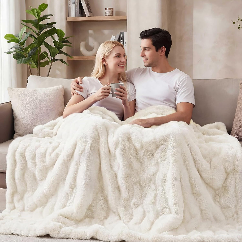 Light Beige Cozy Faux Fur Throw Blanket