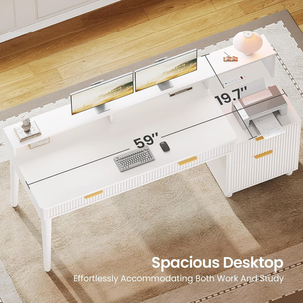 Office Desk with 4 Storage Drawers, 59" Fluted Wood Gaming Computer Desk with LED Lights and Power Strip