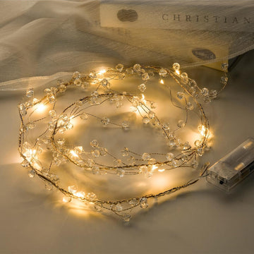 Diamond Beads String Strand with Fairy Lights Battery Operated - Clear Acrylic Crystal Bead Garland Short String