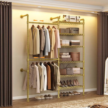 Wall Mounted Garment Rack, Walk-in Closet System with Expandable Rods, Adjustable Shelves, Industrial Pipe Clothing