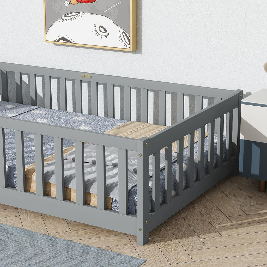 Twin Floor Bed with Slats and Guardrails, Wood Montessori Floor Beds with Fence, Easy Assemble Floor Bed for Kids