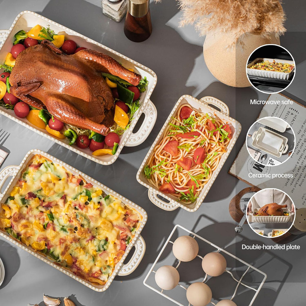 Ceramic Dish Set of 3, Rectangular Casserole Dishes for Oven Lasagna Pan with Handles Cooking, Housewarming Wedding